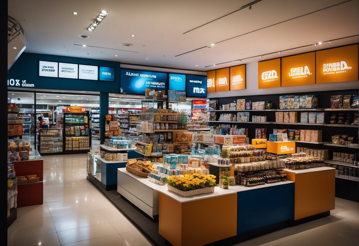 Brightly lit store display with bold signage for "Current Promotions" at Gintell in Singapore. Various products showcased with accompanying discounts and offers