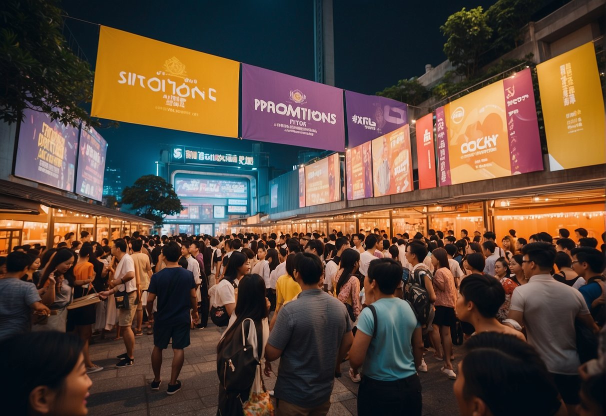 Crowds gather at SISTIC promotions in Singapore, with colorful banners and excited faces. Ticket booths and merchandise stands line the bustling event space