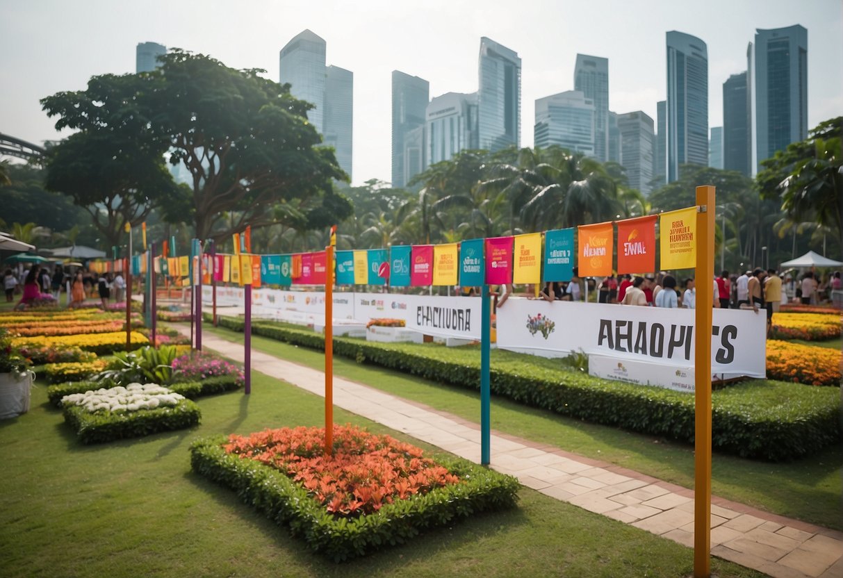 Colorful banners and signs line the pathways of a vibrant garden festival in Singapore, with blooming flowers and lush greenery creating a picturesque backdrop