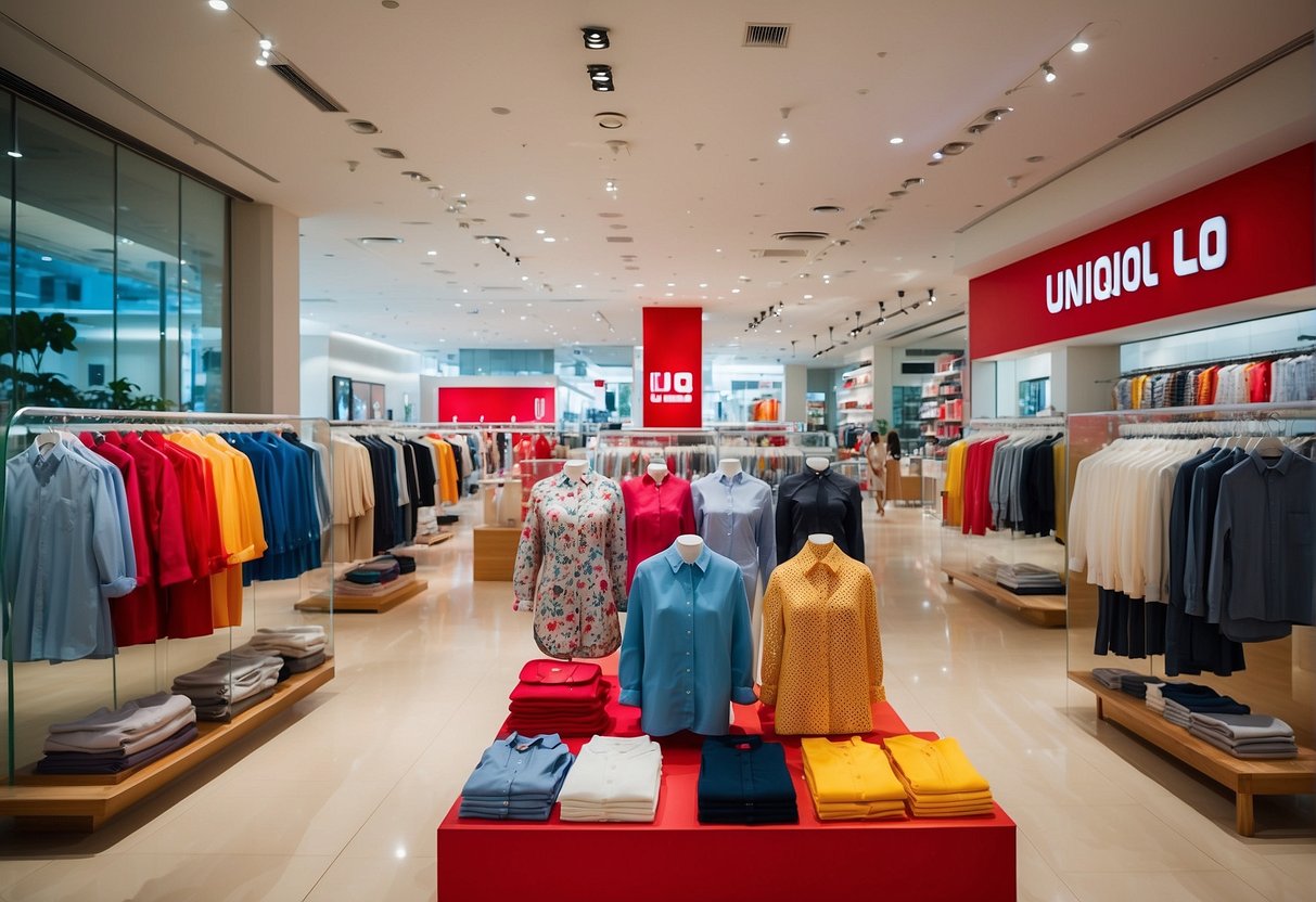 A colorful display of Uniqlo promotions in Singapore, featuring bright signage and attractive product showcases
