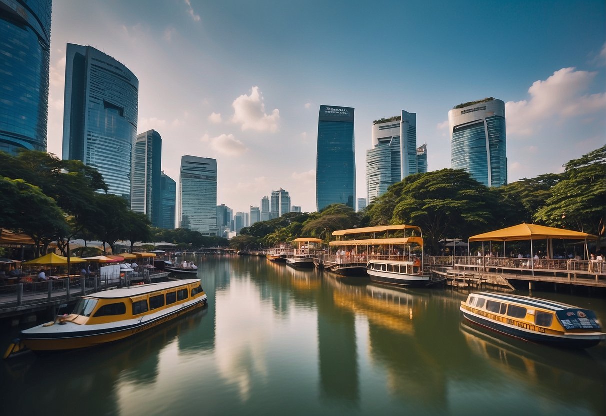 A colorful banner hangs above a bustling river with boats and wildlife, showcasing the latest promotions at River Wonders Singapore