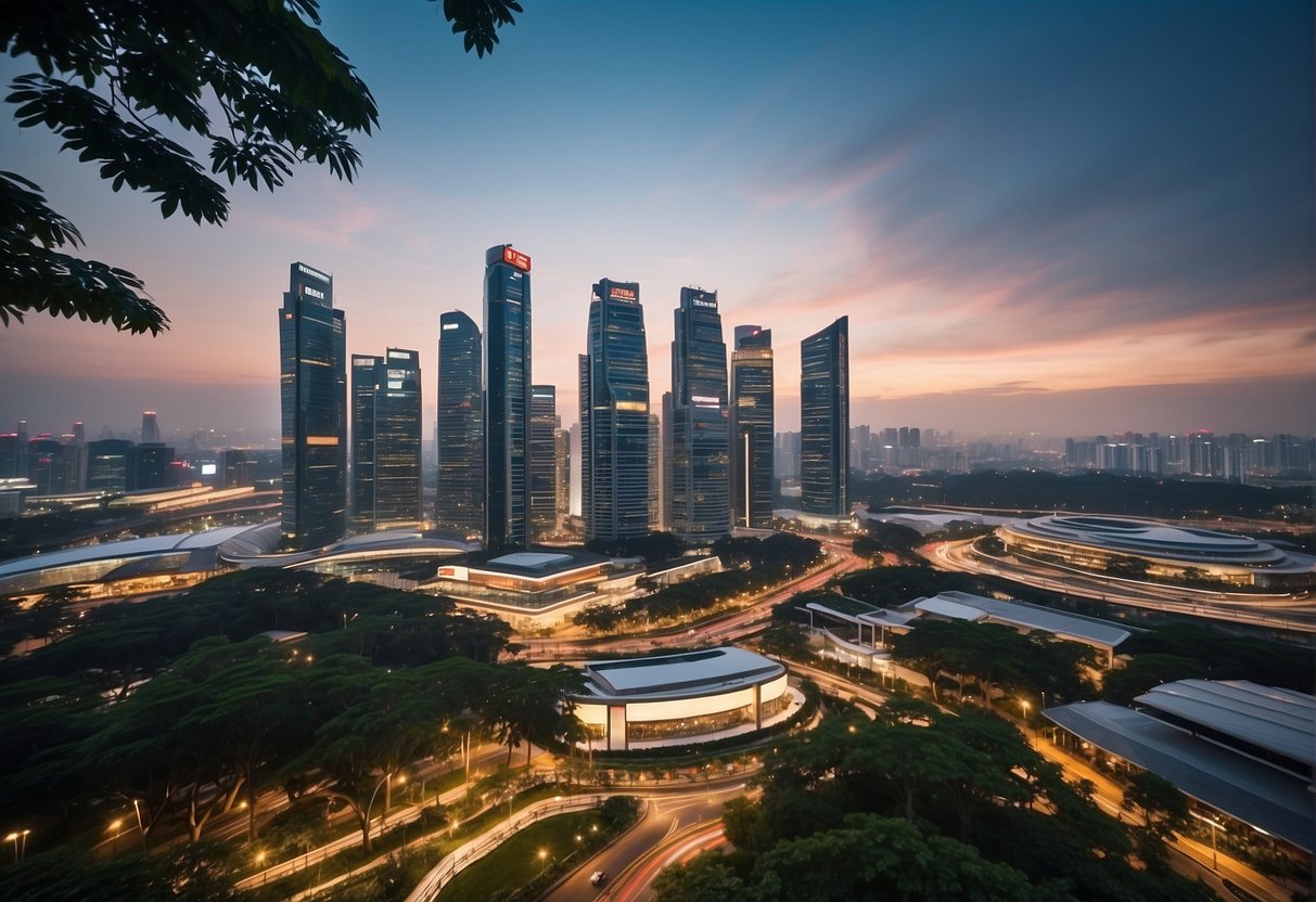 A vibrant cityscape with prominent DBS branding and promotional banners displayed across various prominent locations in Singapore