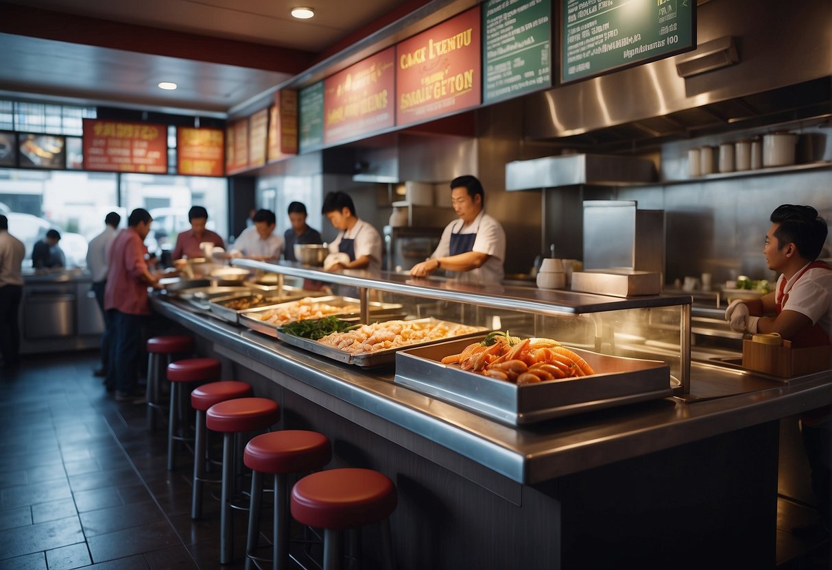 A bustling seafood restaurant with colorful promotional banners and a busy staff serving customers