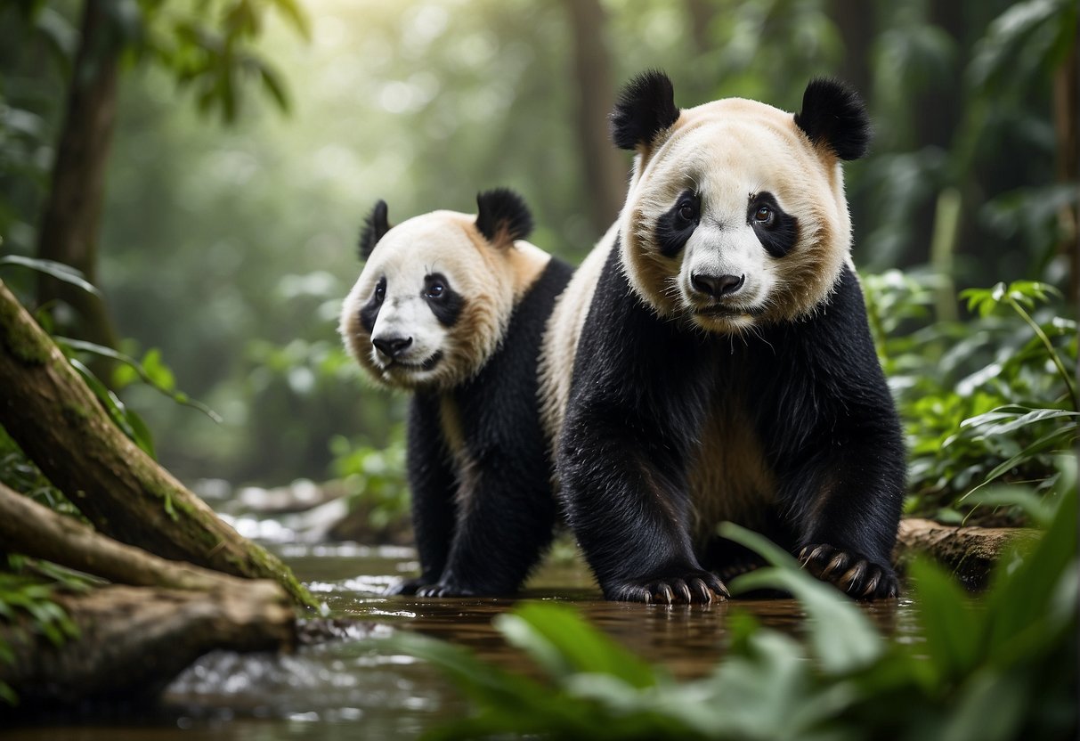 Lush greenery surrounds a flowing river, with exotic animals roaming freely in their natural habitats. The Amazonia and Giant Panda Forest are vibrant and teeming with life
