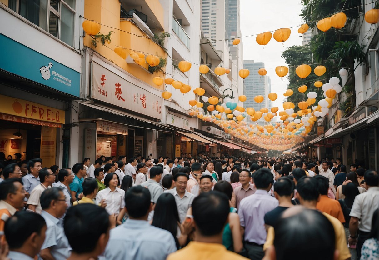 Vibrant street in Singapore, with colorful banners and lively crowds, showcasing Zafferano promotions