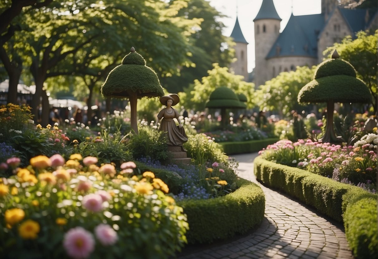 Lush greenery and vibrant flowers fill the city garden, with winding paths and whimsical sculptures creating a magical atmosphere for festival promotions