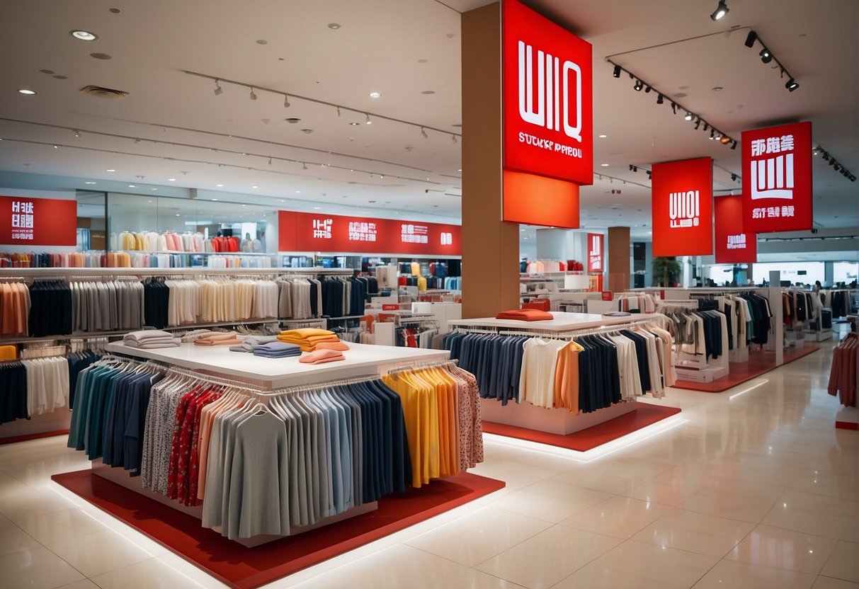 A bright, modern store with bold signage promoting Uniqlo promotions in Singapore. Stacks of neatly folded clothing and colorful displays draw in customers