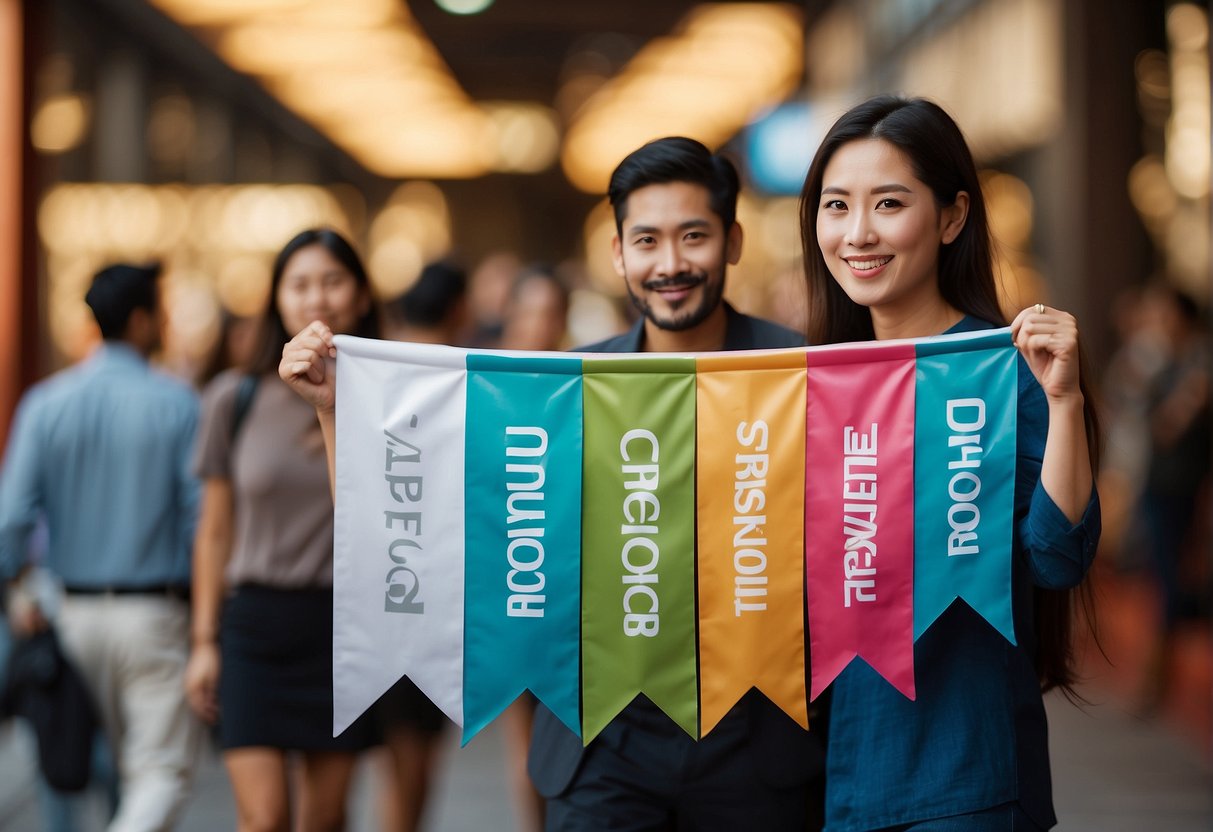 A colorful banner with "Frequently Asked Questions gintell promotions singapore" displayed prominently, surrounded by happy customers and helpful staff