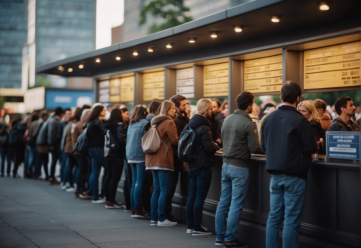 A crowd of people lining up at a ticket booth, with signs promoting various events in the background