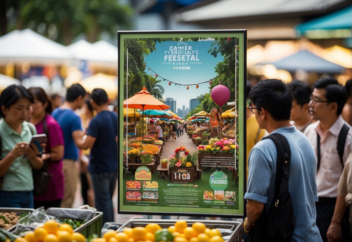 A colorful garden festival poster displayed in a bustling Singapore market, with people admiring the vibrant displays and reading the festival's frequently asked questions