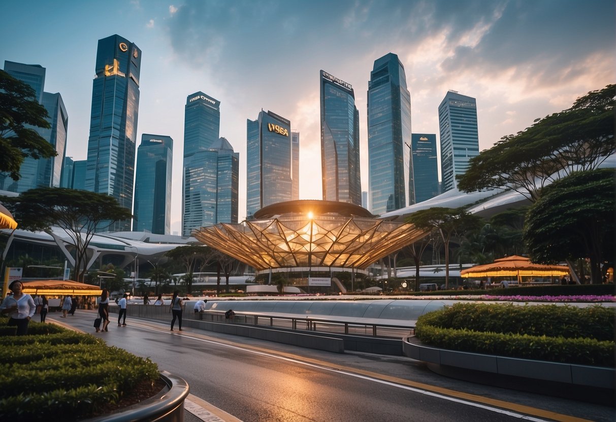 A vibrant cityscape with iconic Singapore landmarks and a prominent Visa card logo displayed on billboards and storefronts