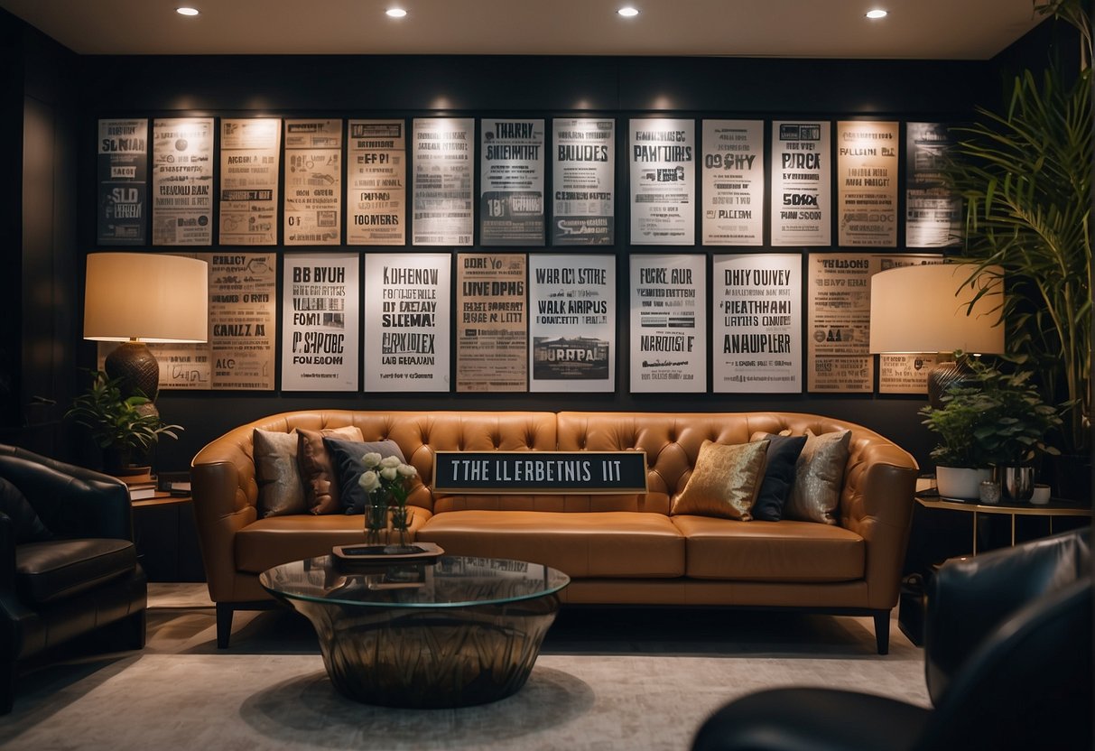 A luxurious leather sofa sits center stage, surrounded by promotional banners and signs in a bustling Singapore showroom