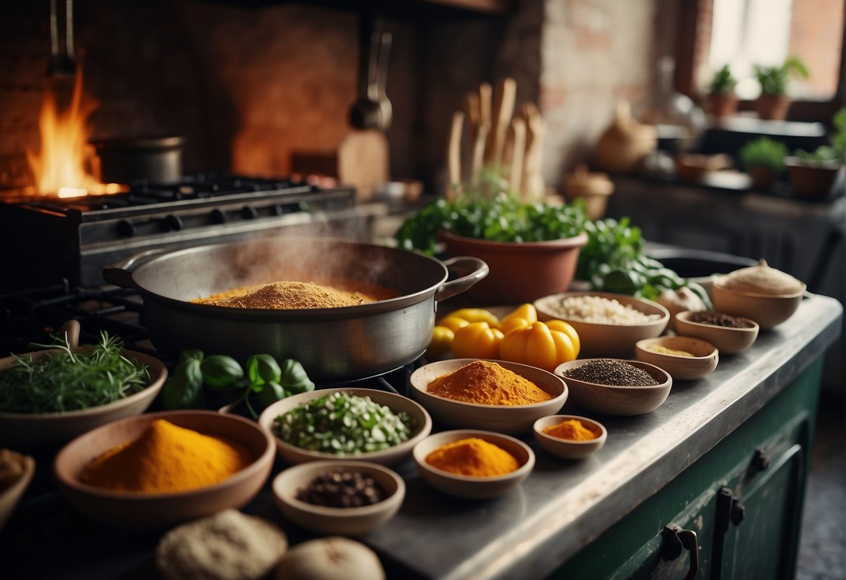 A rustic Italian kitchen with fresh ingredients, colorful spices, and steaming pots on a stove. The aroma of garlic, basil, and saffron fills the air