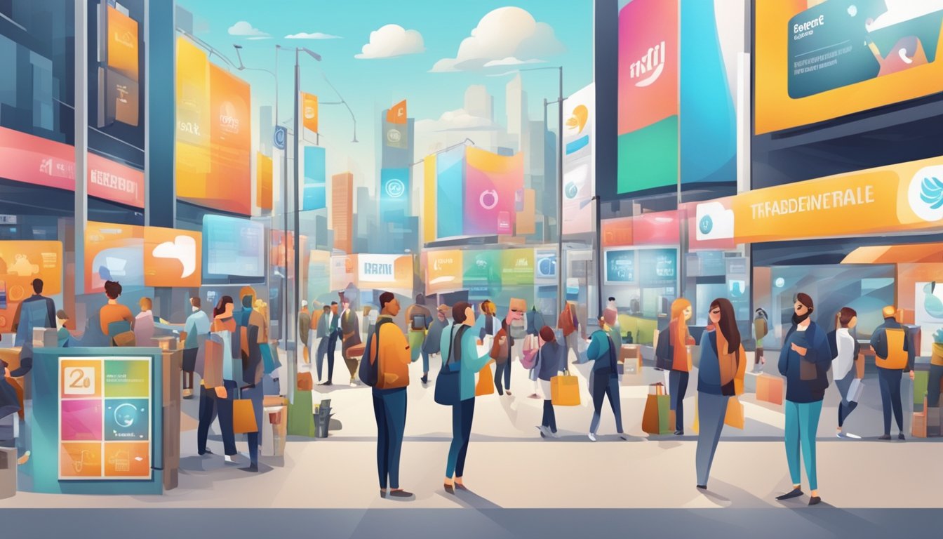 A busy street with various advertising billboards, people interacting with social media, and a company promoting their products at a trade show