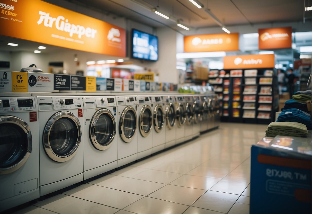 A washing machine sits in a brightly lit Singaporean appliance store, surrounded by promotional banners and price tags