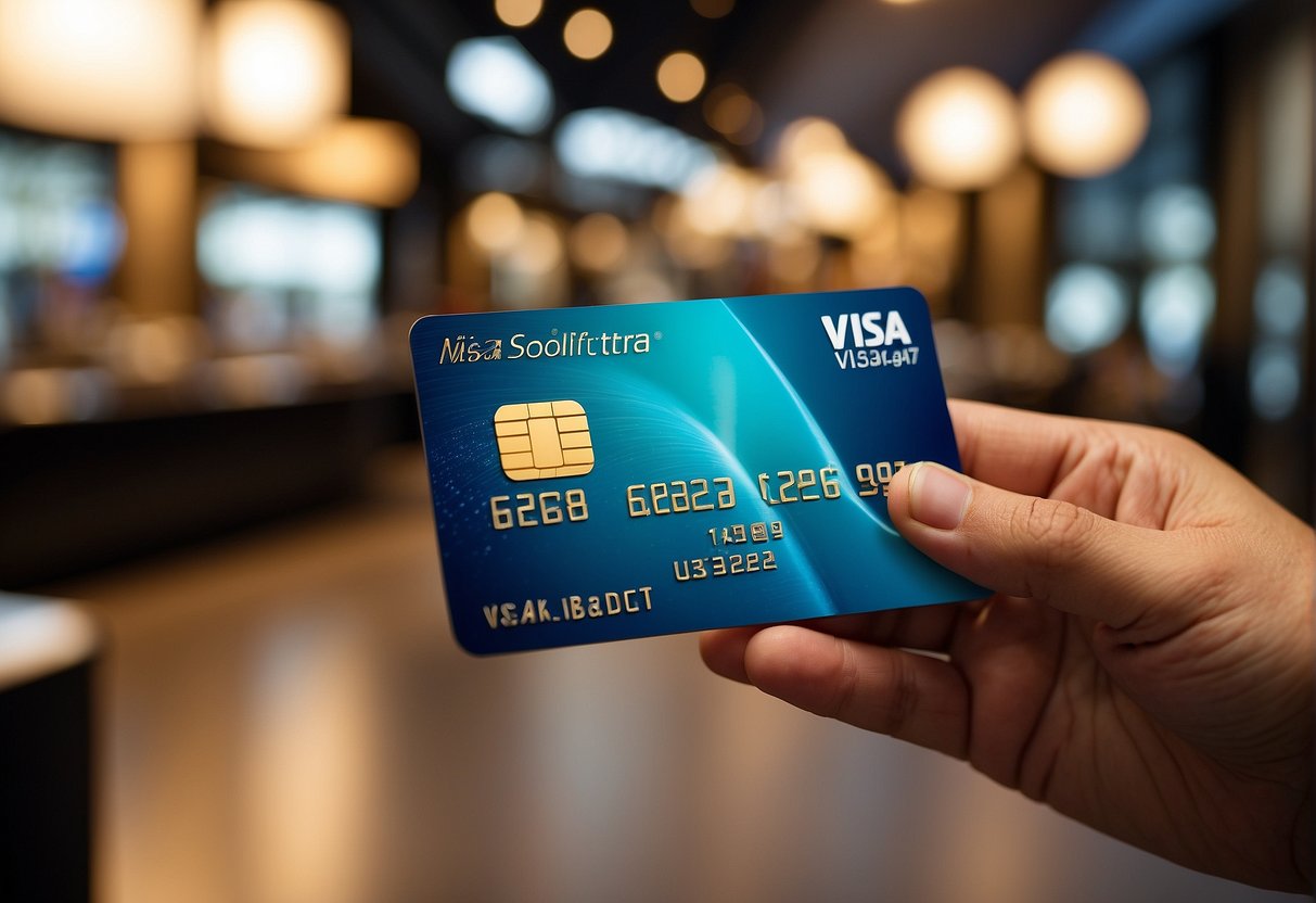 A gleaming Visa credit card surrounded by attractive promotional offers and exclusive deals for 2024 in a vibrant Singapore setting