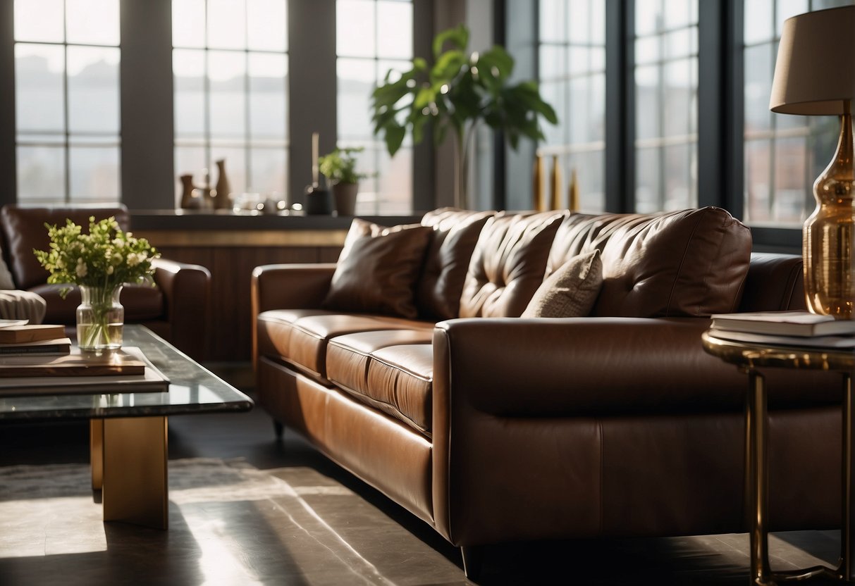 A luxurious leather sofa sits in a stylish living room, bathed in warm natural light, surrounded by elegant decor and complemented by a sleek coffee table