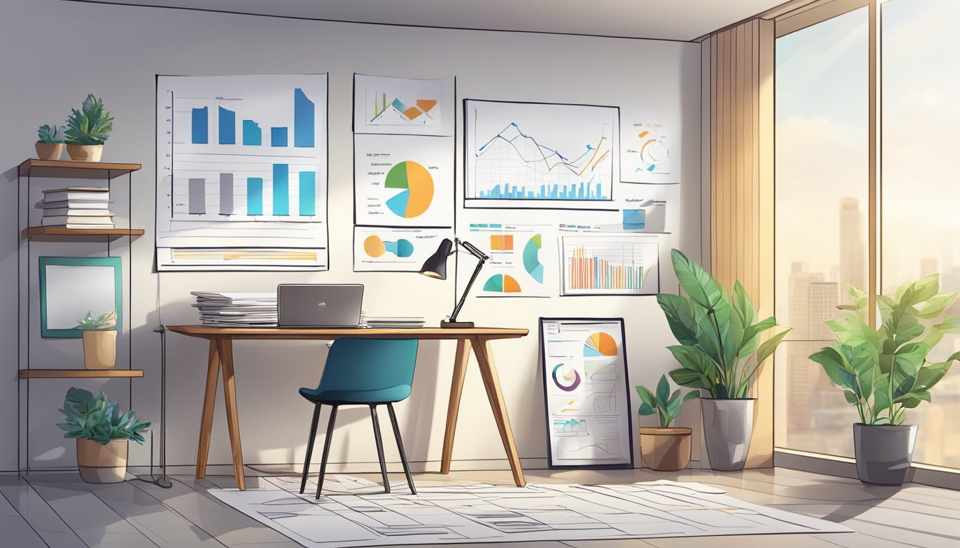 A table with a laptop, notebook, and pen. A person brainstorming ideas. Charts and graphs on the wall. The room is bright and modern