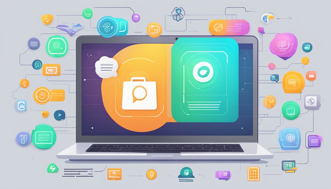 A laptop displaying Elementor Pro features with a glowing upgrade button surrounded by icons and text showcasing its benefits