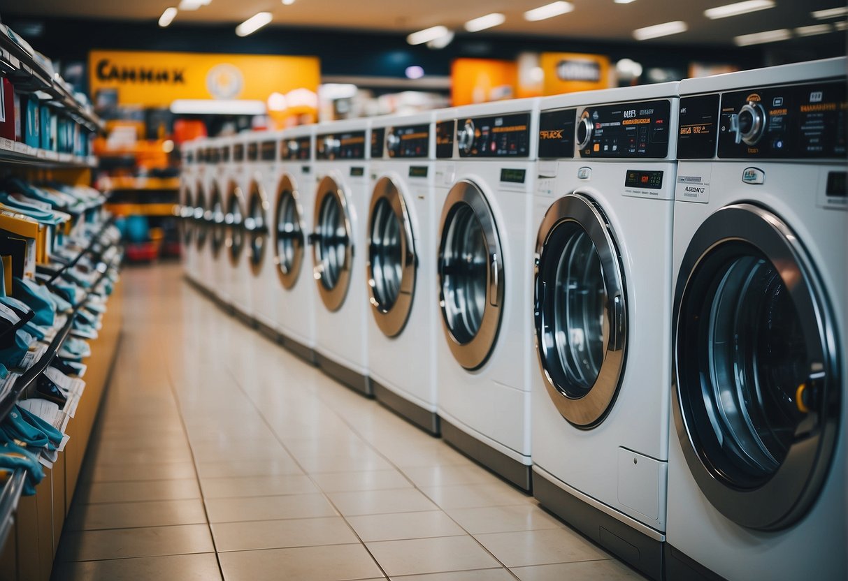 A colorful display of washing machines with promotional signs in a Singaporean appliance store