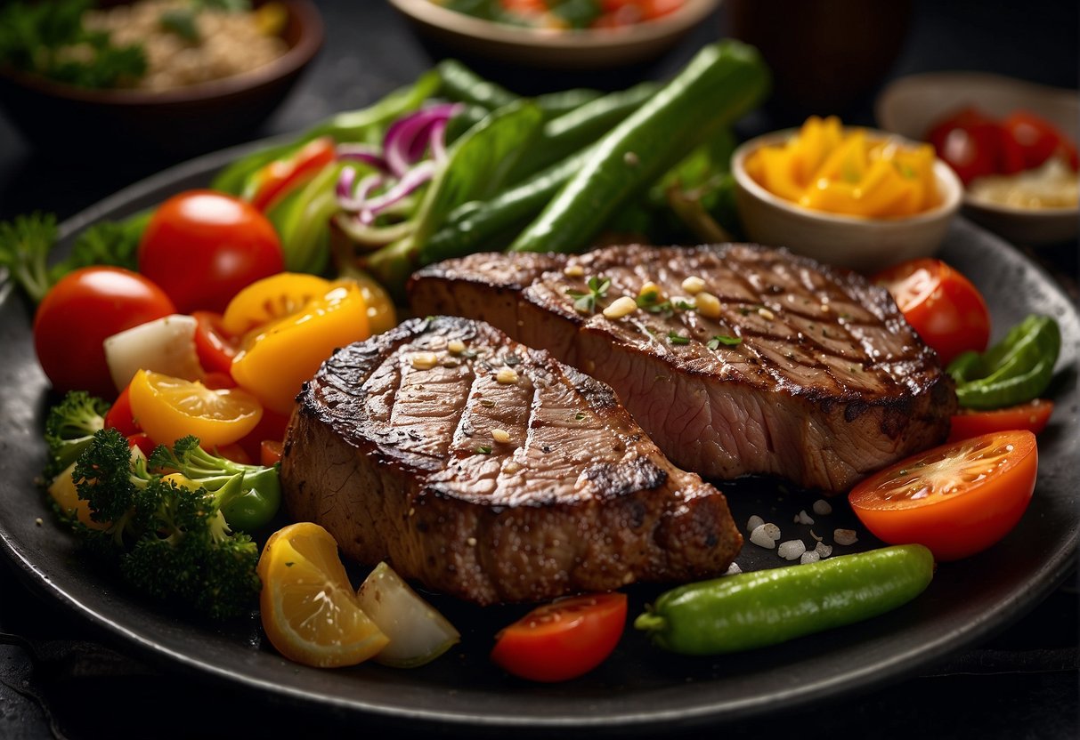 A sizzling steak sits on a hot grill, surrounded by vibrant vegetables and garnishes, with a sign advertising promotions in Singapore
