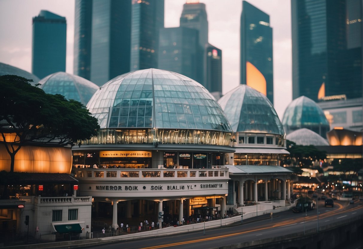 A bustling cityscape with iconic landmarks and vibrant street promotions in Singapore