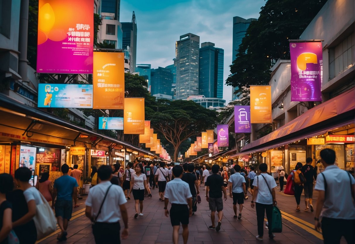 A bustling street lined with colorful banners and signs promoting various social events and activities in Singapore. Pedestrians walk by, taking in the vibrant atmosphere