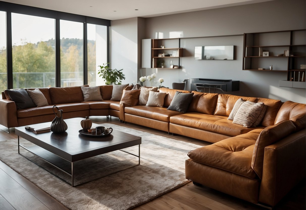 A spacious living room with a modular leather sofa, showcasing its flexibility and comfort. Bright lighting and stylish decor complement the inviting atmosphere