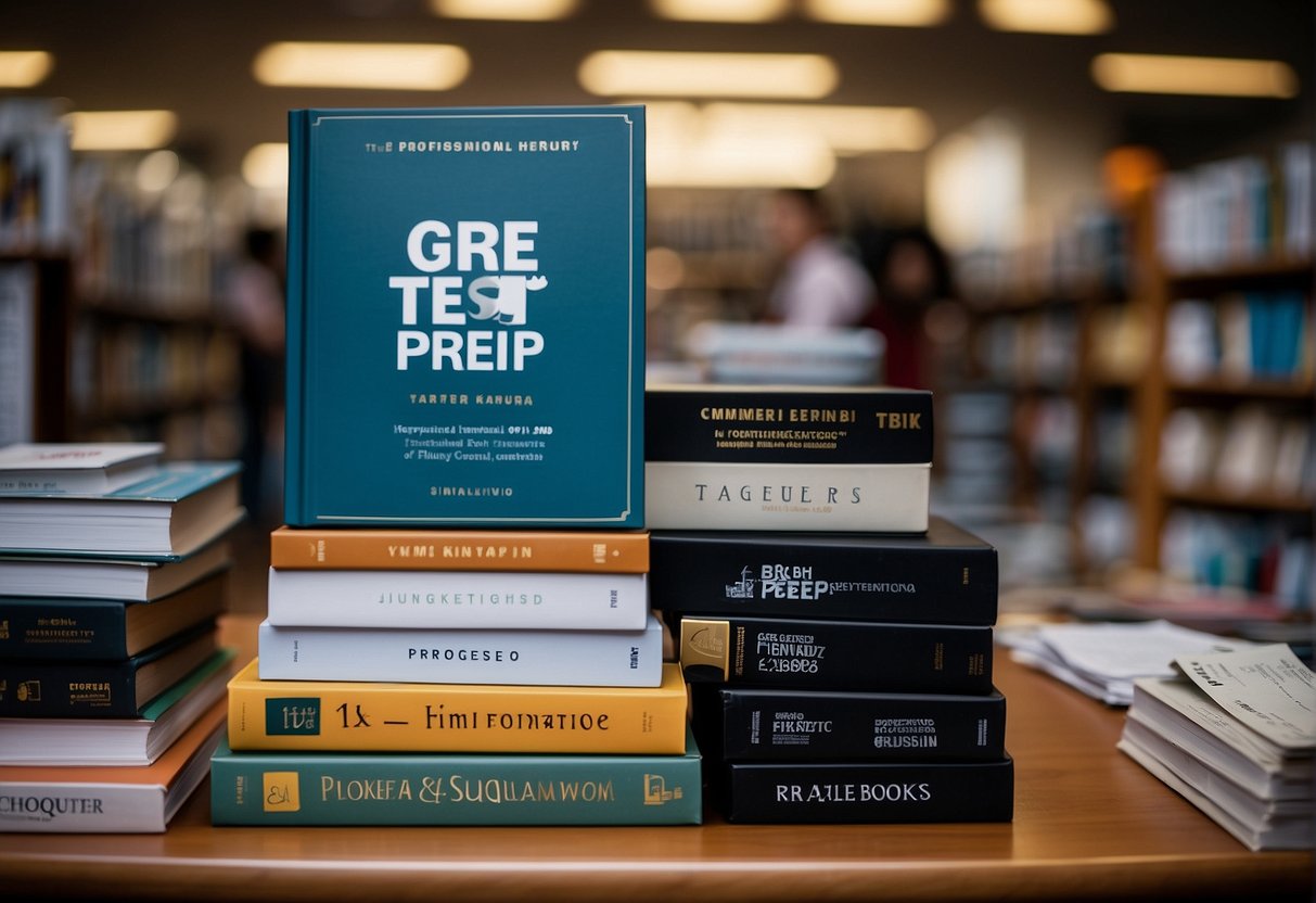 A stack of GRE test prep books surrounded by promotional materials in a bustling Singapore bookstore