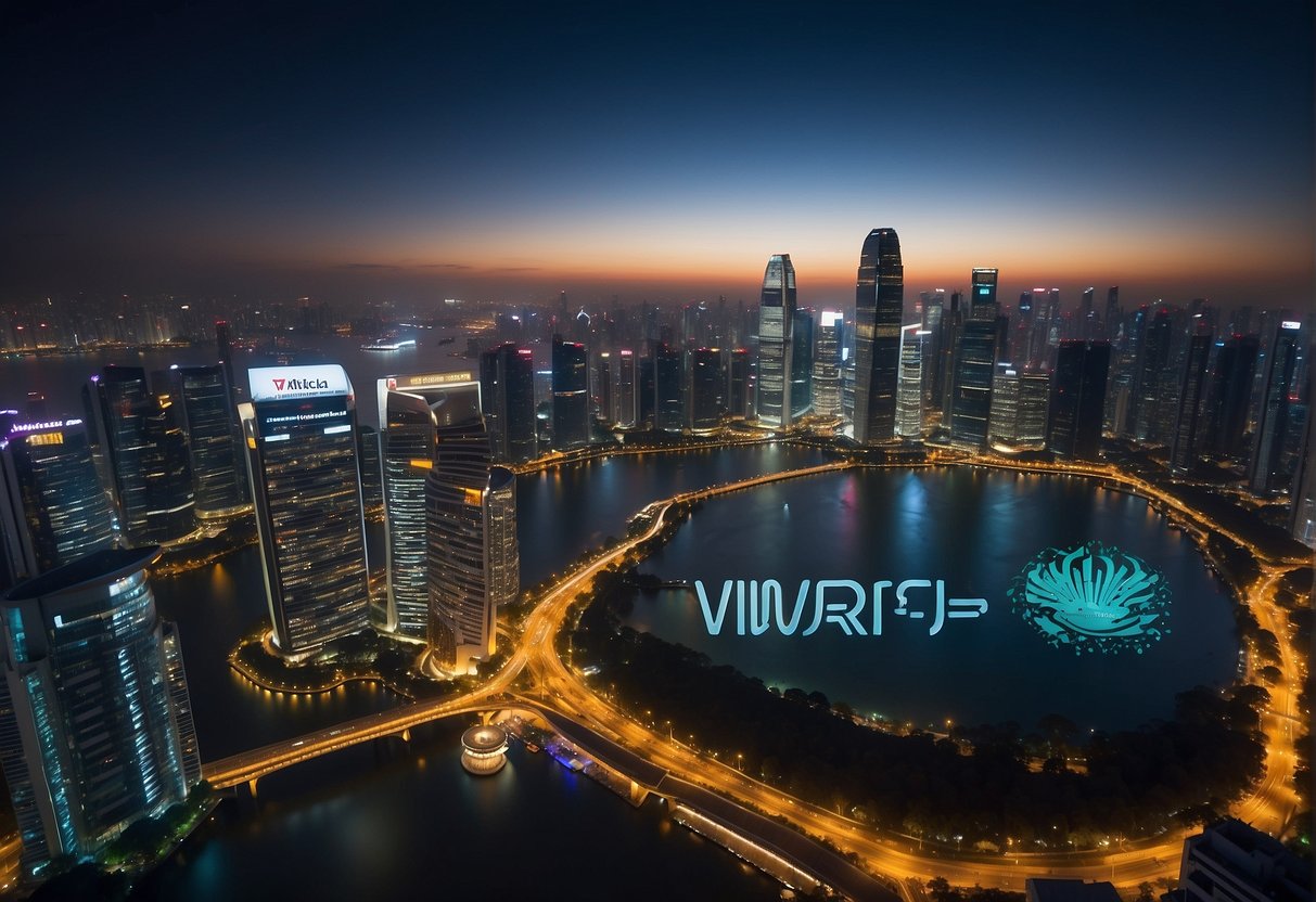 A vibrant cityscape with a towering skyscraper adorned with the logo of "Rewards and Perks for Every Spend Visa Card Promotions Singapore" shining brightly in the night sky