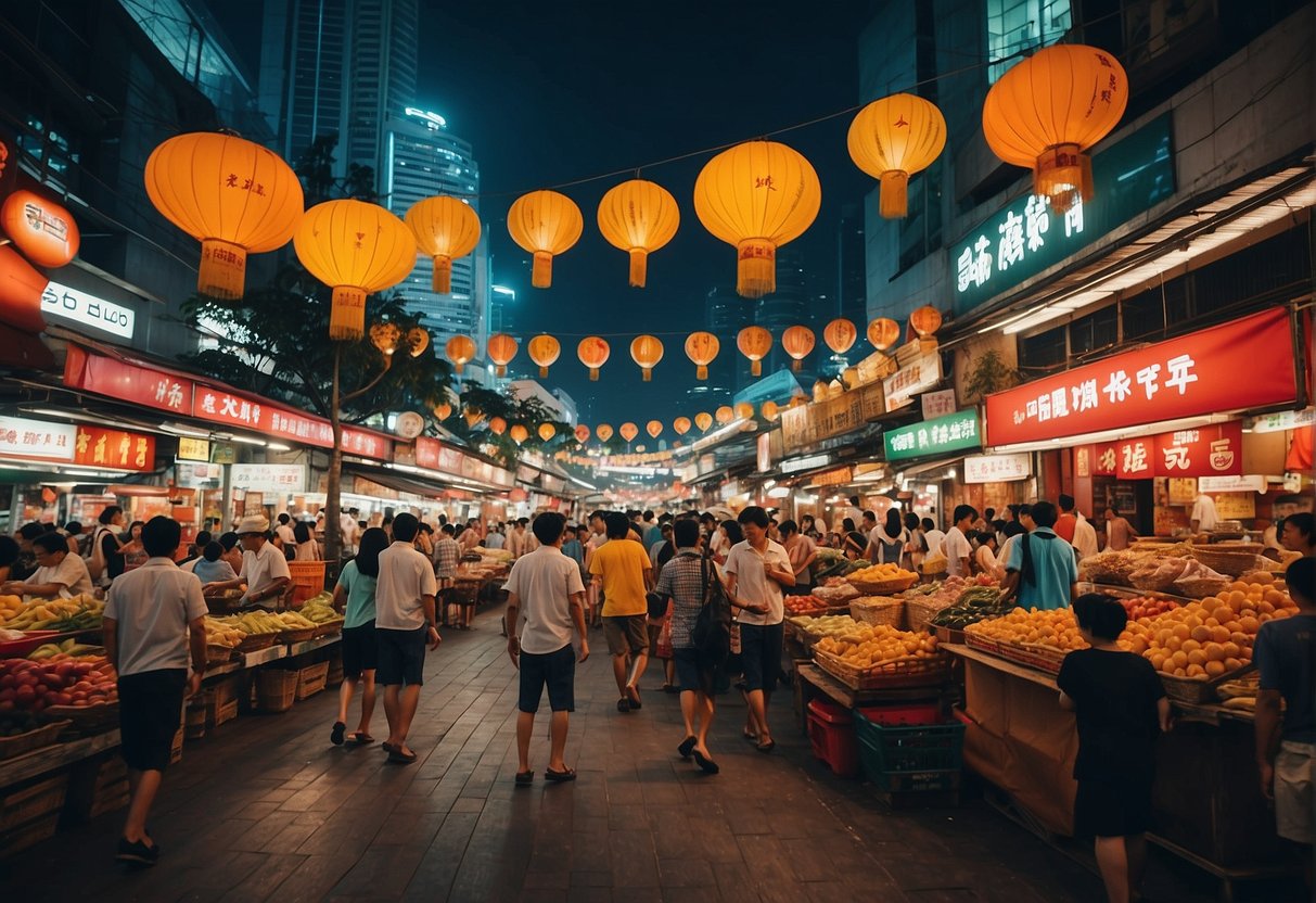 A vibrant Singaporean marketplace with colorful banners and signs advertising sizzling promotions, bustling with activity and excitement