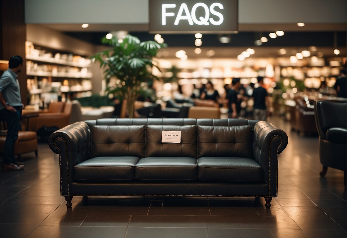 A leather sofa surrounded by curious customers, with a sign promoting FAQs about the product in a busy furniture store in Singapore
