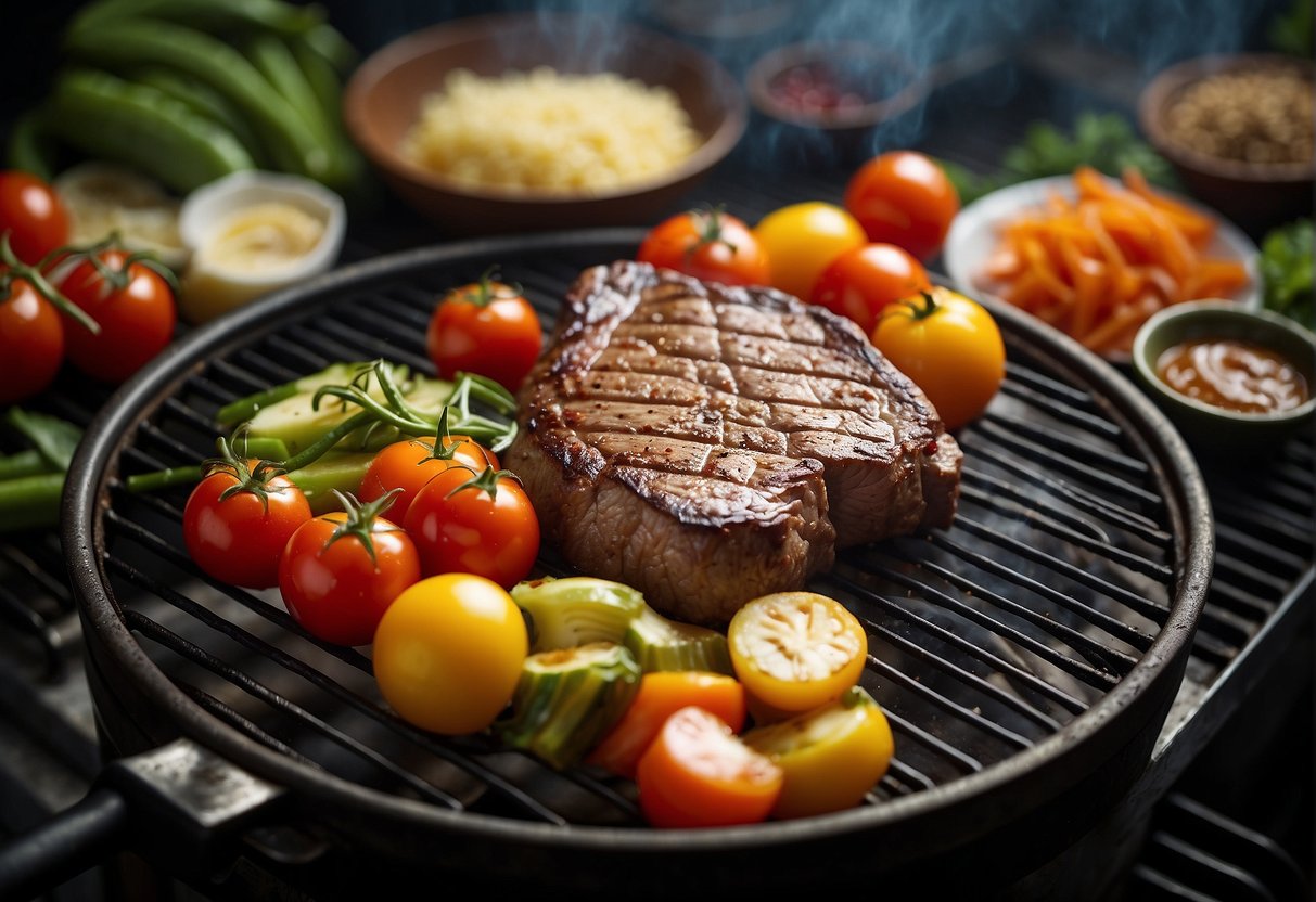 A sizzling steak on a grill, surrounded by vibrant vegetables and a sign advertising "Current Promotions for Steak Aficionados" in Singapore