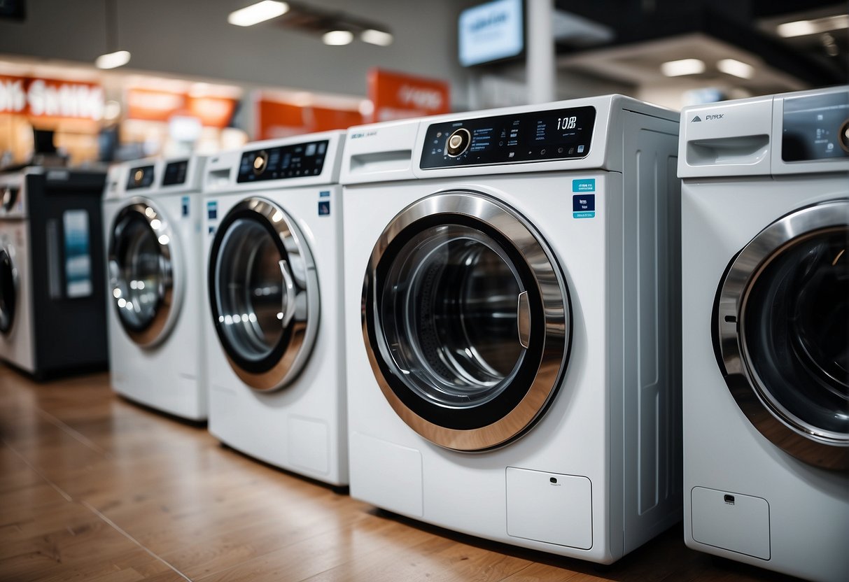 A sleek, modern washing machine with digital display and smart connectivity. Bright promotional banners and discounts displayed in a busy appliance store