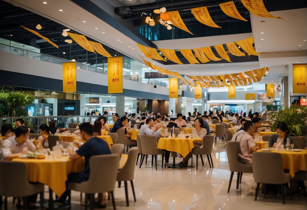 A bustling dining area with colorful banners advertising exclusive deals at Forum The Shopping Mall in Singapore. Tables are filled with happy customers enjoying their meals