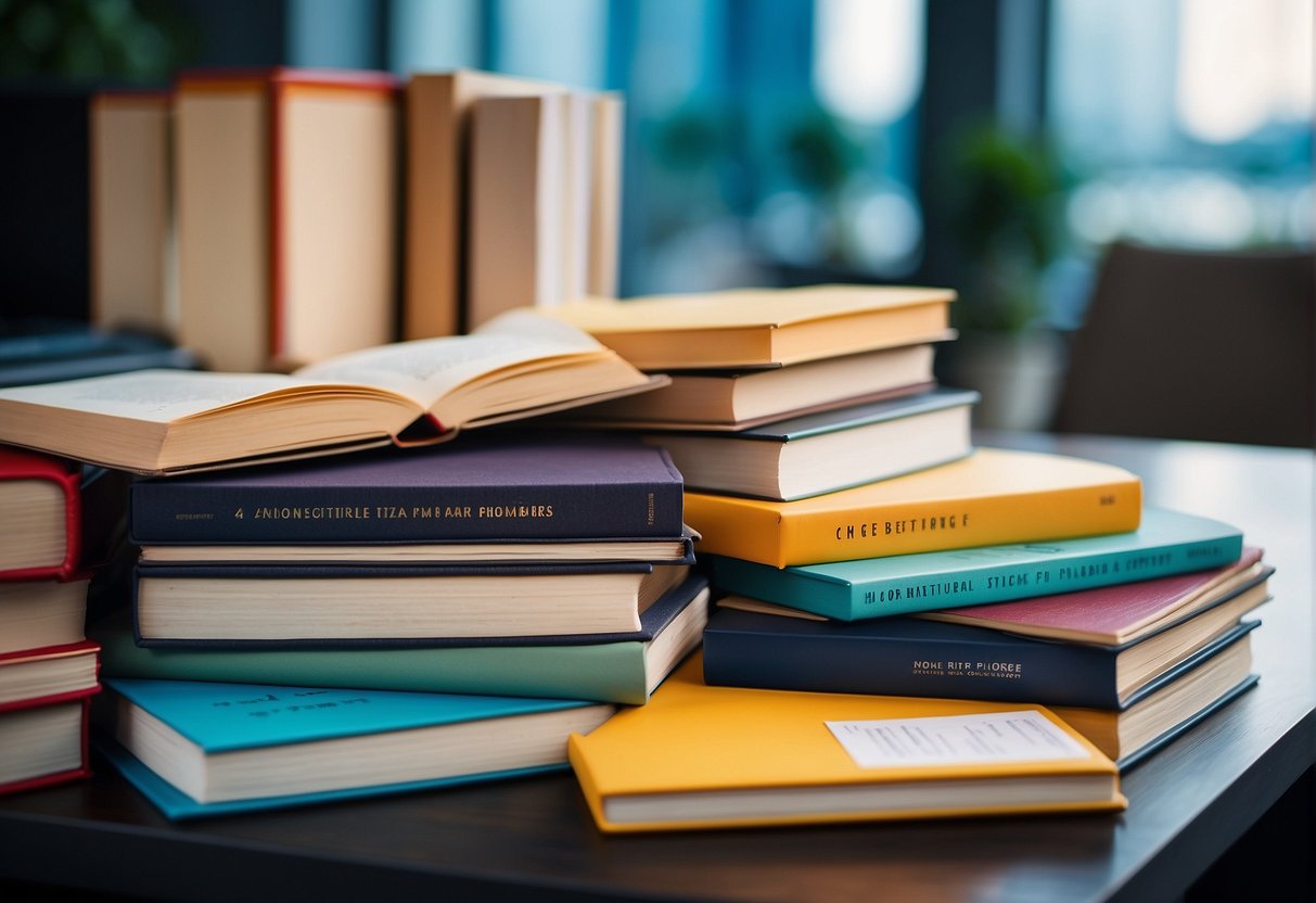 A stack of GRE study materials surrounded by supportive resources and promotional materials in Singapore