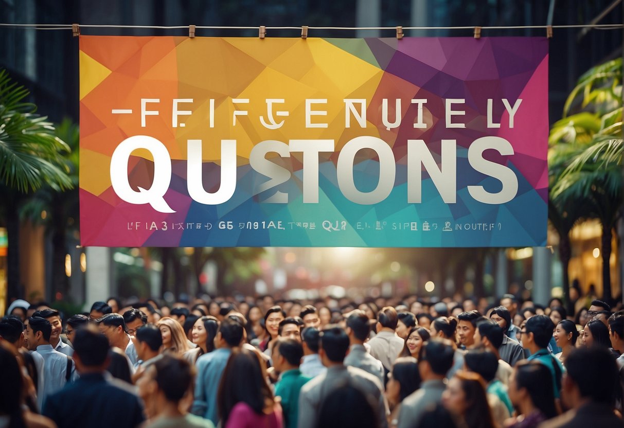 A colorful banner with "Frequently Asked Questions" and "gre promotions singapore" text, surrounded by happy and engaged people