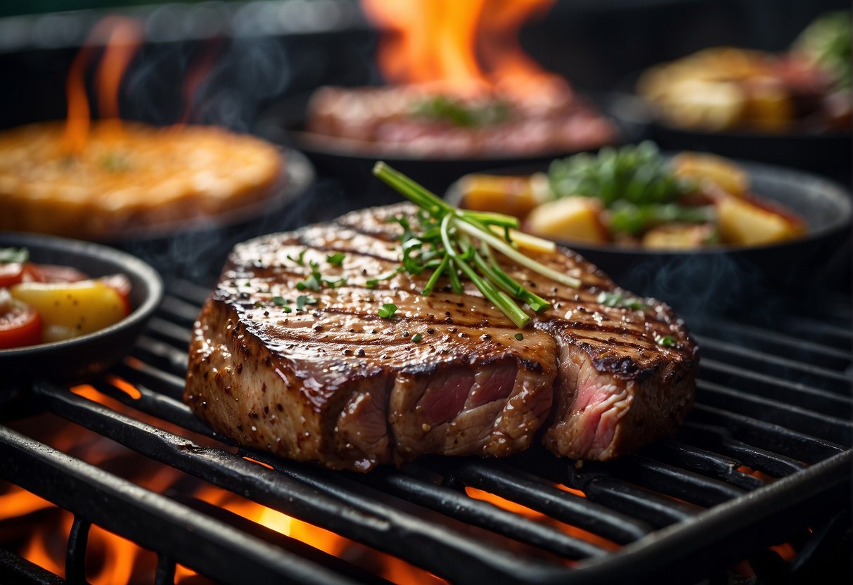A sizzling steak on a hot grill, surrounded by a variety of tantalizing steak cuts and a vibrant display of promotional signs for steak lovers in Singapore
