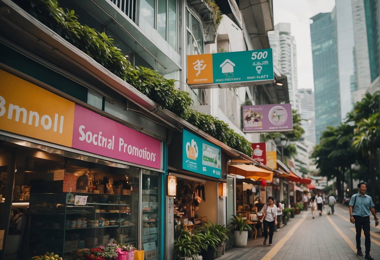 A bustling Singapore street with colorful signs promoting social place promotions