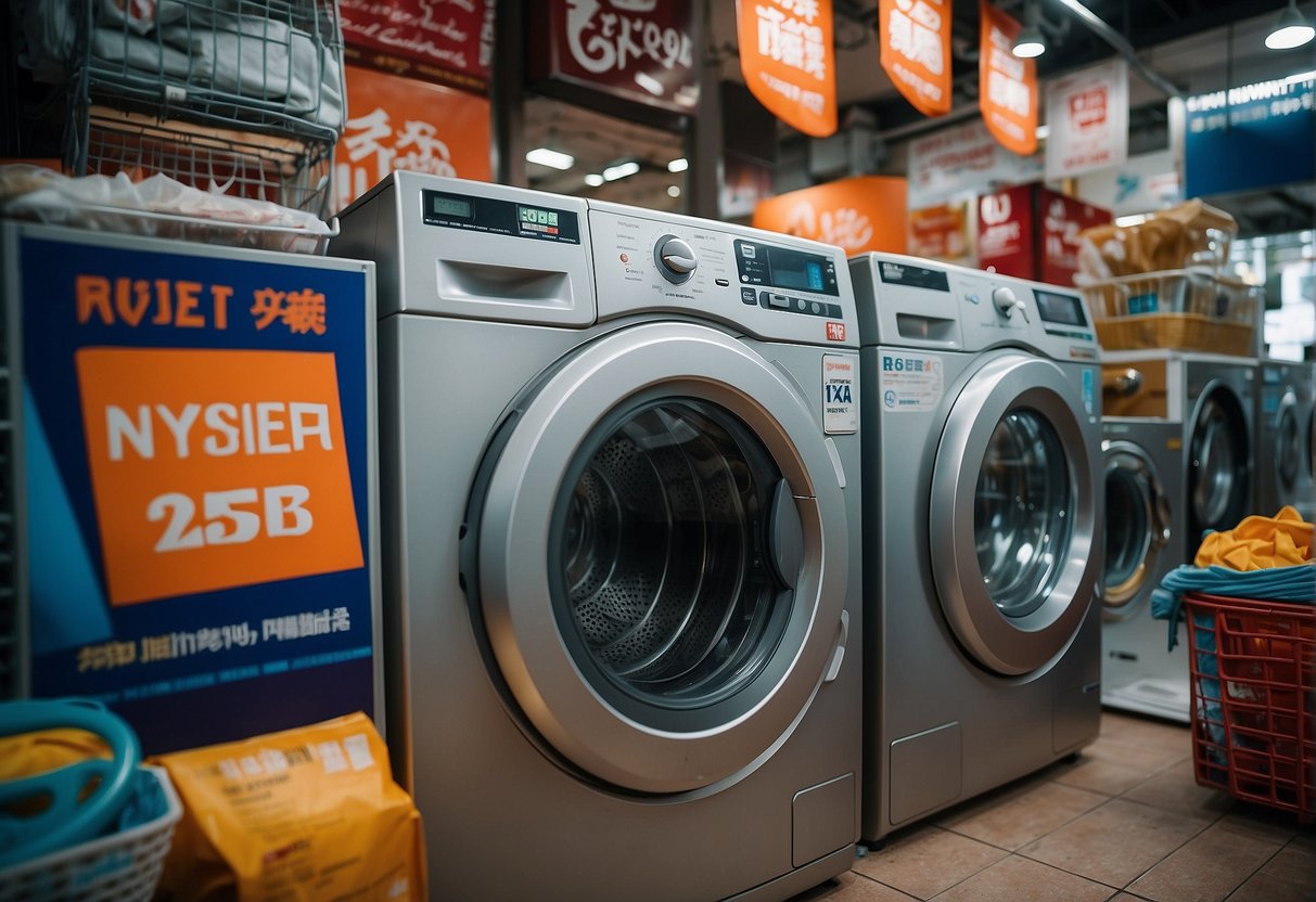 A washing machine surrounded by promotional banners and signs in Singapore