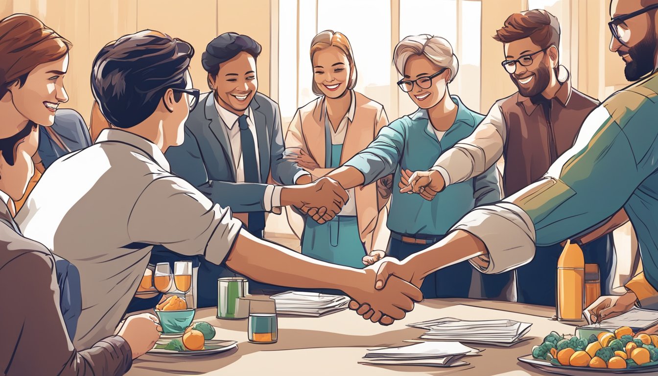 A group of people gather around a table, exchanging products and shaking hands, signaling the end of a successful marketing event