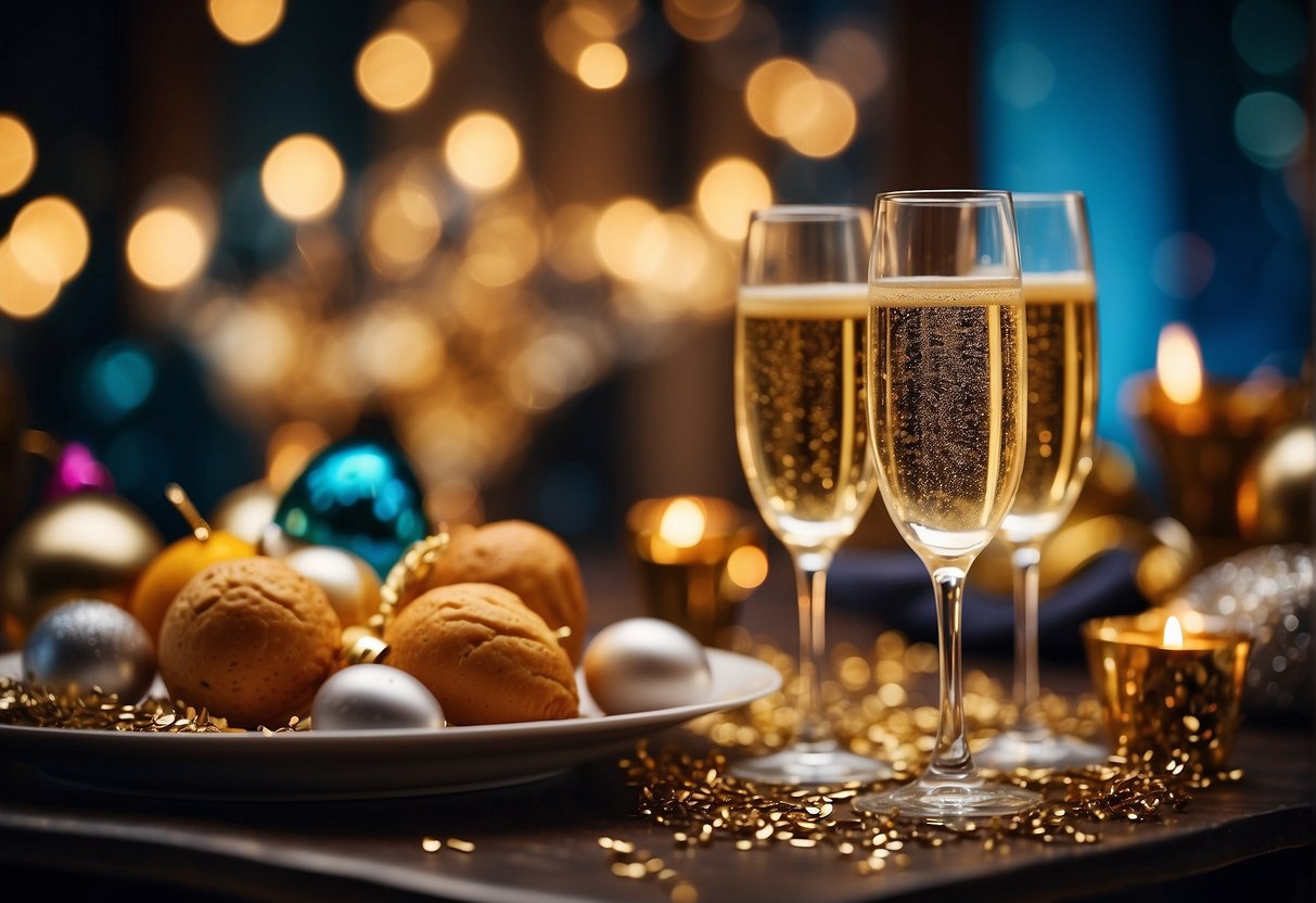 A festive table setting with champagne, party hats, and confetti. Menu showcasing special New Year's Eve dishes. Bright lights and decorations