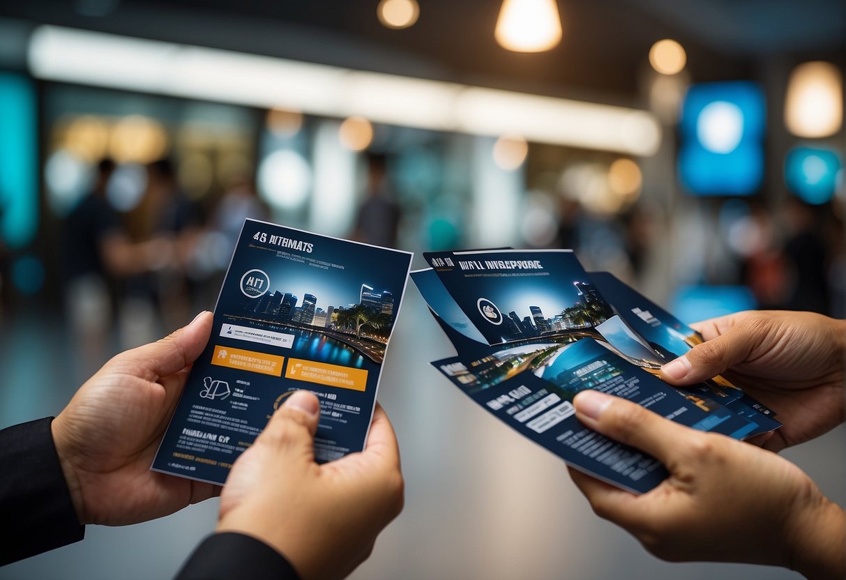A group of people in Singapore receiving promotional flyers for wifi services