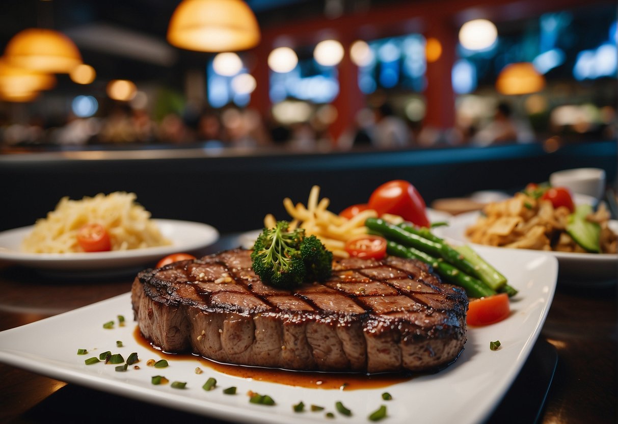 A sizzling steak surrounded by promotional signage in a bustling Singapore restaurant