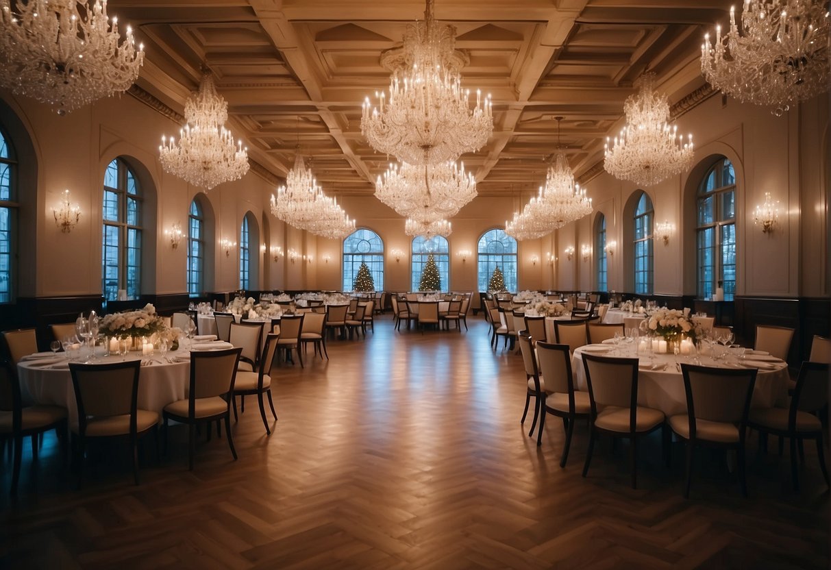 A grand dining hall adorned with festive decorations, tables set with elegant dinnerware, and a lavish spread of gourmet dishes under glittering chandeliers