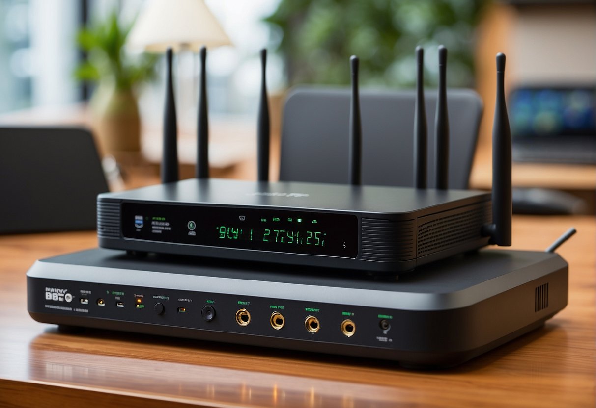 A modern, sleek router surrounded by digital devices with "Latest Broadband Promotions" displayed on screens. A promotional banner with "wifi promotions singapore" is prominently featured
