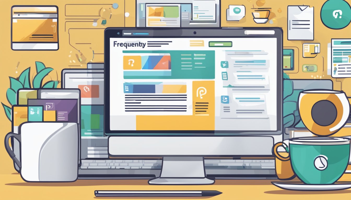 A computer screen with a "Frequently Asked Questions" webpage open, surrounded by various marketing materials and a cup of coffee