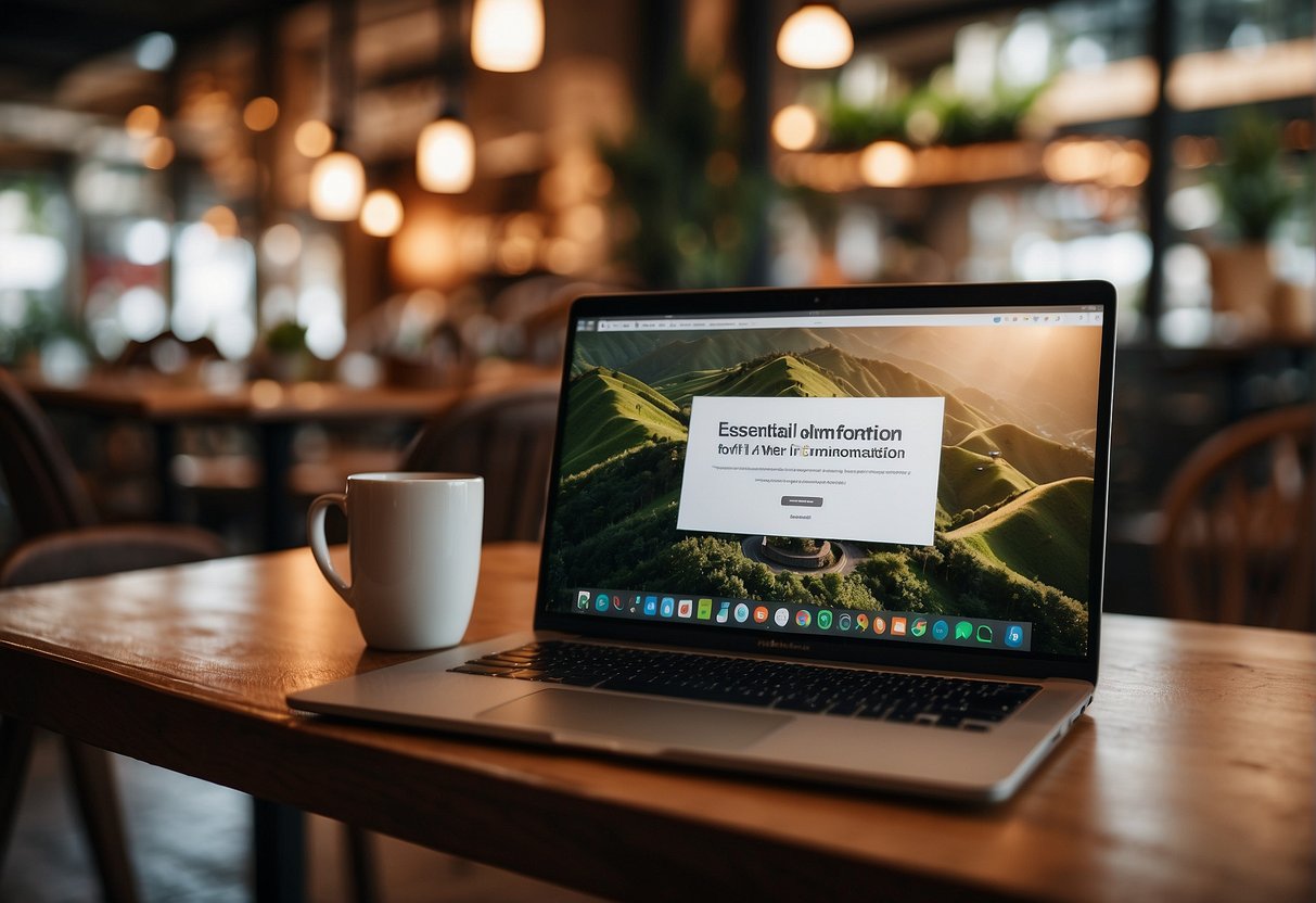 A laptop displaying "Essential Information for Subscribers wifi promotions Singapore" with a promotional banner in a cozy cafe setting
