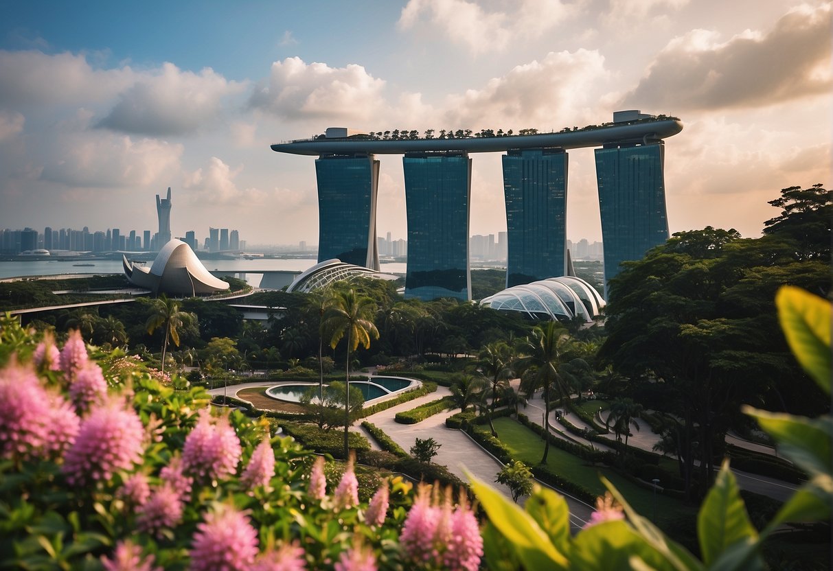 The iconic Marina Bay Sands and Gardens by the Bay are featured in a vibrant promotional display for Singapore's top attractions