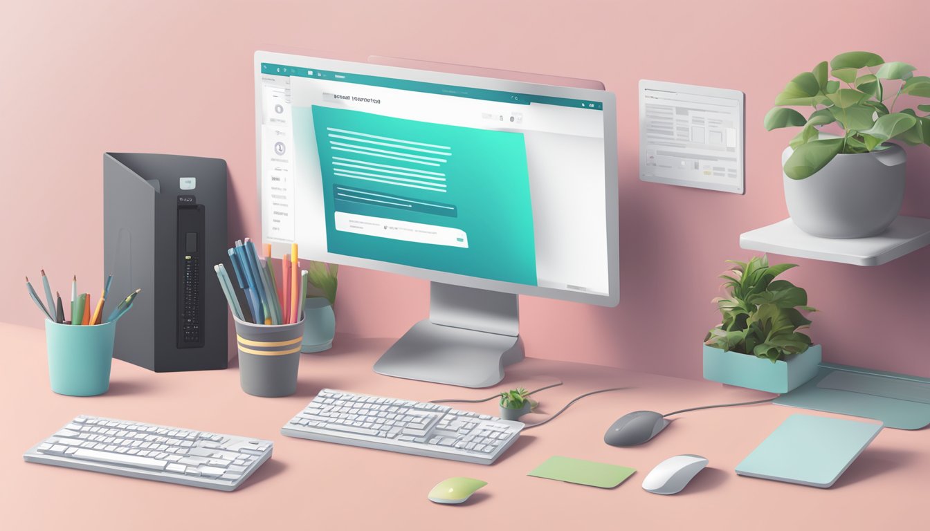 A computer screen with the Elementor Pro FAQ page open, surrounded by a clean and modern workspace with a keyboard and mouse